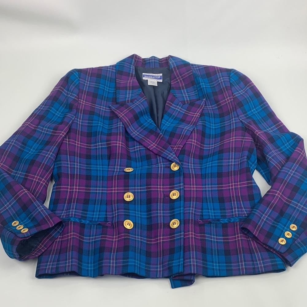 Pendleton Purple Blue Wool Plaid Blazer jacket Size 12 Gold Buttons New NWOT